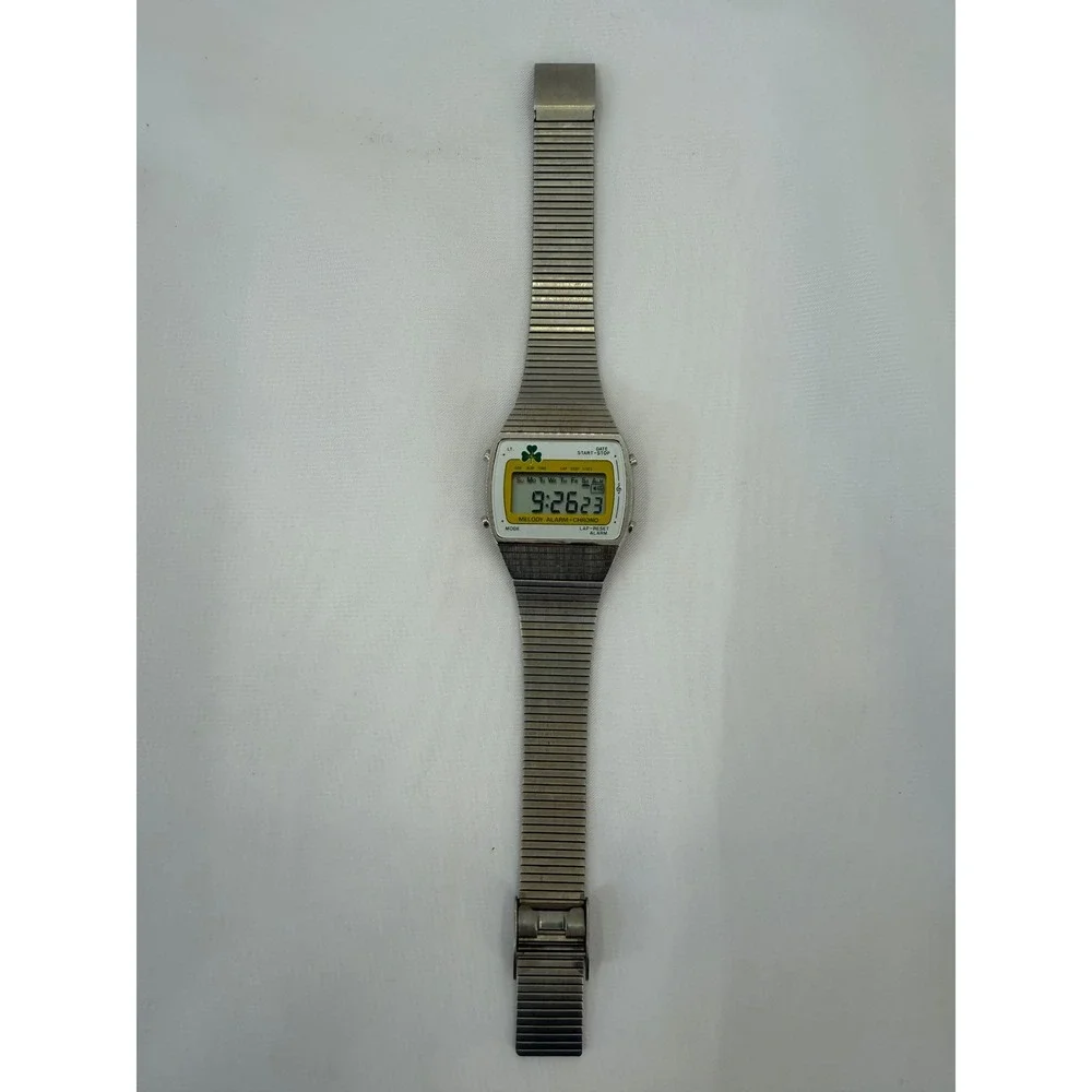 Vintage Sheldon Corp Digital Melody Alarm Chronograph Watch Shamrock Silver Tone